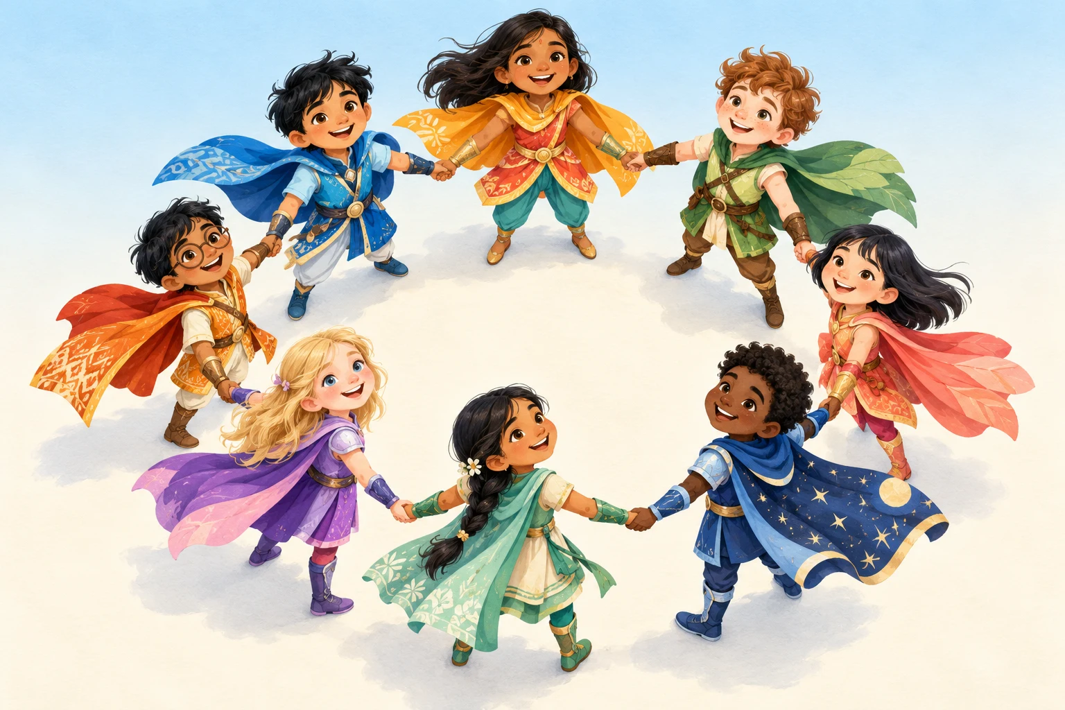 Eight diverse children in colourful superhero costumes holding hands in a circle